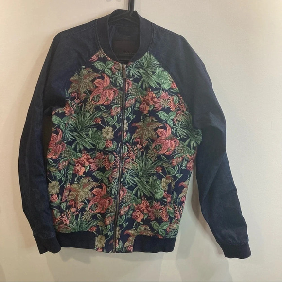ZARA MAN Sz XL Black Tag Tapestry Jacquard Mix Media Slim Fit Bomber Jacket - Picture 3 of 13